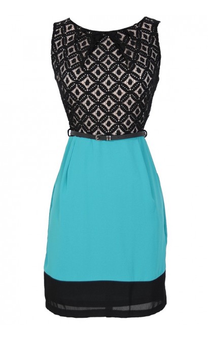 Diamond In The Sky Belted Lace Sheath Dress in Teal